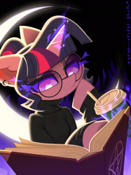 Size: 1521x2032 | Tagged: safe, artist:rrd-artist, derpibooru import, twilight sparkle, book, clothes, dark magic, drink, glasses, glowing, glowing eyes, glowing horn, horn, magic