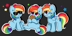 Size: 8300x4200 | Tagged: safe, artist:kittyrosie, derpibooru import, rainbow dash, pegasus, pony, absurd resolution, belly, cookie, cute, dashabetes, food, gray background, simple background, solo, sunglasses