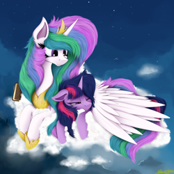 Size: 4000x4000 | Tagged: safe, artist:ser-p, derpibooru import, princess celestia, twilight sparkle, alicorn, pony, absurd resolution, book, cloud, duo, lying down, prone