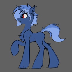 Size: 848x859 | Tagged: safe, artist:capseys, derpibooru import, oc, oc only, oc:eclarix, pony, unicorn, blank flank, chest fluff, colored, concave belly, ear fluff, ears, explicit source, eye clipping through hair, eyebrows, eyebrows visible through hair, female, gray background, grin, horn, looking forward, raised hoof, raised leg, red eyes, side view, simple background, sketch, slim, smiling, solo, standing, thin, unicorn oc