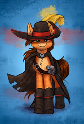 Size: 1462x2160 | Tagged: safe, artist:helmie-art, derpibooru import, cat, cat pony, earth pony, original species, pony, abstract background, boots, cape, clothes, cute, full body, green eyes, hat, looking at you, pale belly, ponified, puss in boots, puss in boots (movie), puss in boots: the last wish, rapier, shoes, solo, standing, sword, weapon