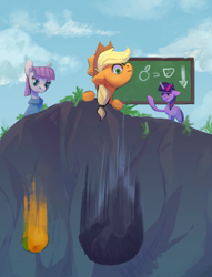 Size: 2022x2651 | Tagged: safe, artist:yarugreat, derpibooru import, applejack, maud pie, twilight sparkle, earth pony, pony, unicorn, chalkboard, cliff, desk, experiment, falling, food, gravity, orange, physics, rock