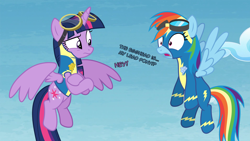 Size: 3840x2160 | Tagged: safe, artist:gypsykumquat, derpibooru import, rainbow dash, twilight sparkle, twilight sparkle (alicorn), alicorn, pony, .svg available, clothes, crossed hooves, female, flying, lead pony badge, mare, show accurate, text, uniform, vector, wingpony badge, wonderbolt trainee uniform, wonderbolts, wonderbolts uniform