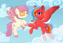 Size: 1000x684 | Tagged: safe, artist:gaffy, artist:jennieoo, derpibooru import, oc, oc:gaffy, oc:gentle star, pegasus, pony, collaboration, animated, cloud, eyepatch, gif, gift art, happy, hoofbump, sketch, sky, smiling, spread wings, wings