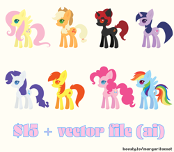 Size: 3196x2798 | Tagged: safe, artist:margaritaenot, derpibooru import, applejack, fluttershy, pinkie pie, rainbow dash, rarity, twilight sparkle, oc, pony, advertising, commission, mane six, sale, simple background, vector, white background