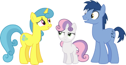 Size: 5819x3000 | Tagged: safe, artist:cloudyglow, derpibooru import, blues, lemon hearts, noteworthy, sweetie belle, earth pony, pony, unicorn, for whom the sweetie belle toils, female, filly, foal, male, mare, simple background, stallion, transparent background, trio, vector