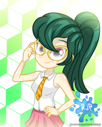 Size: 2015x2490 | Tagged: safe, artist:rjp.rammy, derpibooru import, oc, oc:kate patricia, equestria girls, bare shoulders, clothes, female, glasses, necktie, shirt, skirt, sleeveless, solo
