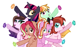 Size: 1396x850 | Tagged: safe, artist:chailicorice, derpibooru import, luster dawn, oc, oc:hopeful justice, oc:pink lady lullaby, oc:rhubarb funfetti, oc:rural beauty, oc:vivianite, earth pony, pegasus, pony, unicorn, alternate mane six, base used, element of generosity, element of honesty, element of kindness, element of laughter, element of loyalty, element of magic, elements of harmony, female, magical lesbian spawn, mare, offspring, parent:applejack, parent:big macintosh, parent:cheese sandwich, parent:coloratura, parent:fancypants, parent:fluttershy, parent:king sombra, parent:orchard blossom, parent:pinkie pie, parent:rainbow dash, parent:rarity, parent:starlight glimmer, parent:twilight sparkle, parents:cheesepie, parents:fluttermac, parents:glimmerdash, parents:rarajack, parents:raripants, parents:twibra, simple background, transparent background