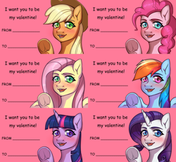 Size: 5732x5305 | Tagged: safe, artist:tigra0118, derpibooru import, applejack, fluttershy, pinkie pie, rainbow dash, rarity, twilight sparkle, twilight sparkle (alicorn), alicorn, earth pony, pegasus, pony, unicorn, absurd resolution, applejack's hat, blushing, clothes, cowboy hat, hat, hearts and hooves day, mane six, postcard