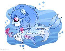 Size: 2000x1554 | Tagged: safe, artist:madelinne, derpibooru import, oc, oc only, fish, original species, shark, shark pony, unicorn, blue mane, bubble, chibi, digital art, dorsal fin, ethereal mane, fish tail, flowing mane, flowing tail, horn, ocean, open mouth, open smile, pink eyes, simple background, smiling, solo, starry mane, swimming, tail, teeth, underwater, unshorn fetlocks, water, white background