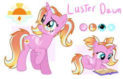 Size: 1118x715 | Tagged: safe, artist:chailicorice, artist:elementbases, derpibooru import, luster dawn, unicorn, alternate eye color, alternate hair color, base used, book, cutie mark, female, filly, filly luster dawn, foal, glasses, gradient mane, magical lesbian spawn, mare, offspring, parent:rainbow dash, parent:starlight glimmer, parents:glimmerdash, pigtails, ponytail, reading, reference sheet, self paradox, self ponidox, simple background, solo, transparent background, younger