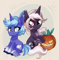 Size: 2353x2387 | Tagged: safe, artist:spookyle, derpibooru import, oc, oc only, oc:dream cloud, oc:harvest moon, pony, unicorn, female, halloween, holiday, jack-o-lantern, mare, pumpkin