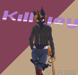 Size: 4894x4742 | Tagged: safe, artist:shade stride, derpibooru import, oc, oc:killjoy, anthro, bat pony, hybrid, unicorn, fallout equestria, bat pony unicorn, clothes, gun, horn, jacket, leather, leather jacket, looking at you, solo, standing, text, watermark, weapon