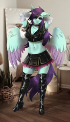 Size: 1600x2800 | Tagged: safe, artist:serodart, derpibooru import, oc, oc only, oc:#c0ffee, anthro, pegasus, plantigrade anthro, belly button, boots, breasts, choker, cleavage, clothes, commission, cosplay, costume, emo, eyes closed, female, makeup, mirror, pegasus oc, piercing, room, rule 63, shoes, skirt, solo, wings, yakuza