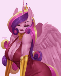 Size: 2808x3508 | Tagged: safe, artist:nire, derpibooru import, princess cadance, alicorn, anthro, absolute cleavage, beauty mark, breasts, cleavage, clothes, crown, dress, ear piercing, earring, eyes closed, eyeshadow, female, horn, jewelry, lipstick, makeup, mare, mole, necklace, piercing, princess cansdance, regalia, simple background, smiling, solo, tail, white background, wings