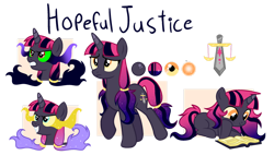 Size: 1188x673 | Tagged: safe, artist:chailicorice, artist:elementbases, artist:raini-bases, derpibooru import, oc, oc only, oc:hopeful justice, unicorn, blue eyes, book, colored sclera, cutie mark, fangs, female, filly, foal, gradient hair, gradient horn, gradient mane, gradient tail, horn, lying down, mare, offspring, orange eyes, parent:king sombra, parent:twilight sparkle, parents:twibra, ponytail, reading, reference sheet, simple background, solo, sombra eyes, sparkly mane, starry hair, starry tail, tail, transparent background, unicorn oc, walking