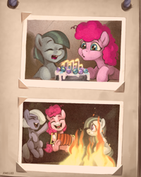 Size: 1501x1875 | Tagged: safe, artist:jewellier, derpibooru import, part of a set, limestone pie, marble pie, pinkie pie, earth pony, pony, accordion, ask, ask marble and limestone, birthday cake, birthday candles, cake, campfire, candle, cute, daaaaaaaaaaaw, female, filly, filly marble pie, filly pinkie pie, fire, foal, food, fraternal twins, hair over eyes, hair over one eye, happy, marbles, missing teeth, musical instrument, old photo, photo album, pie sisters, pie twins, siblings, singing, sisters, twin sisters, twins, younger