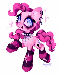 Size: 1632x2048 | Tagged: safe, artist:p0nyplanet, derpibooru import, pinkie pie, earth pony, pony, clothes, collar, female, goth, mare, piercing, simple background, socks, solo, spiked collar, white background