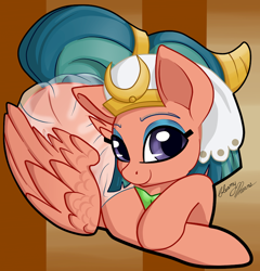 Size: 780x811 | Tagged: safe, artist:gleamydreams, derpibooru import, somnambula, pegasus, pony, female, lying down, mare, simple background, smiling, solo