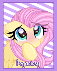 Size: 1200x1500 | Tagged: safe, artist:lbrcloud, derpibooru import, fluttershy, pegasus, pony, badge, blushing, bust, cute, daaaaaaaaaaaw, female, hoof on face, mare, portrait, shyabetes, solo, striped background, teary eyes