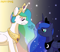 Size: 1312x1126 | Tagged: safe, artist:fruiitypieq, artist:shycookieq, derpibooru import, princess celestia, princess luna, alicorn, pony, a royal problem, angry, duo, eye contact, female, glare, looking at each other, looking at someone
