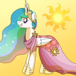 Size: 1000x1000 | Tagged: safe, artist:fruiitypieq, artist:shycookieq, derpibooru import, princess celestia, alicorn, pony, clothes, dress, female, gradient background, solo