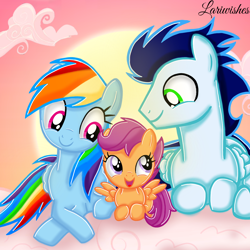 Size: 1400x1400 | Tagged: safe, artist:mlplary6, derpibooru import, rainbow dash, scootaloo, soarin', pegasus, pony, best pony, cloud, female, filly, foal, happy, heartwarming, lying down, male, mare, scootalove, shipping, sibling love, siblings, sisters, smiling, snuggling, soarindash, stallion, straight, sun, sunset