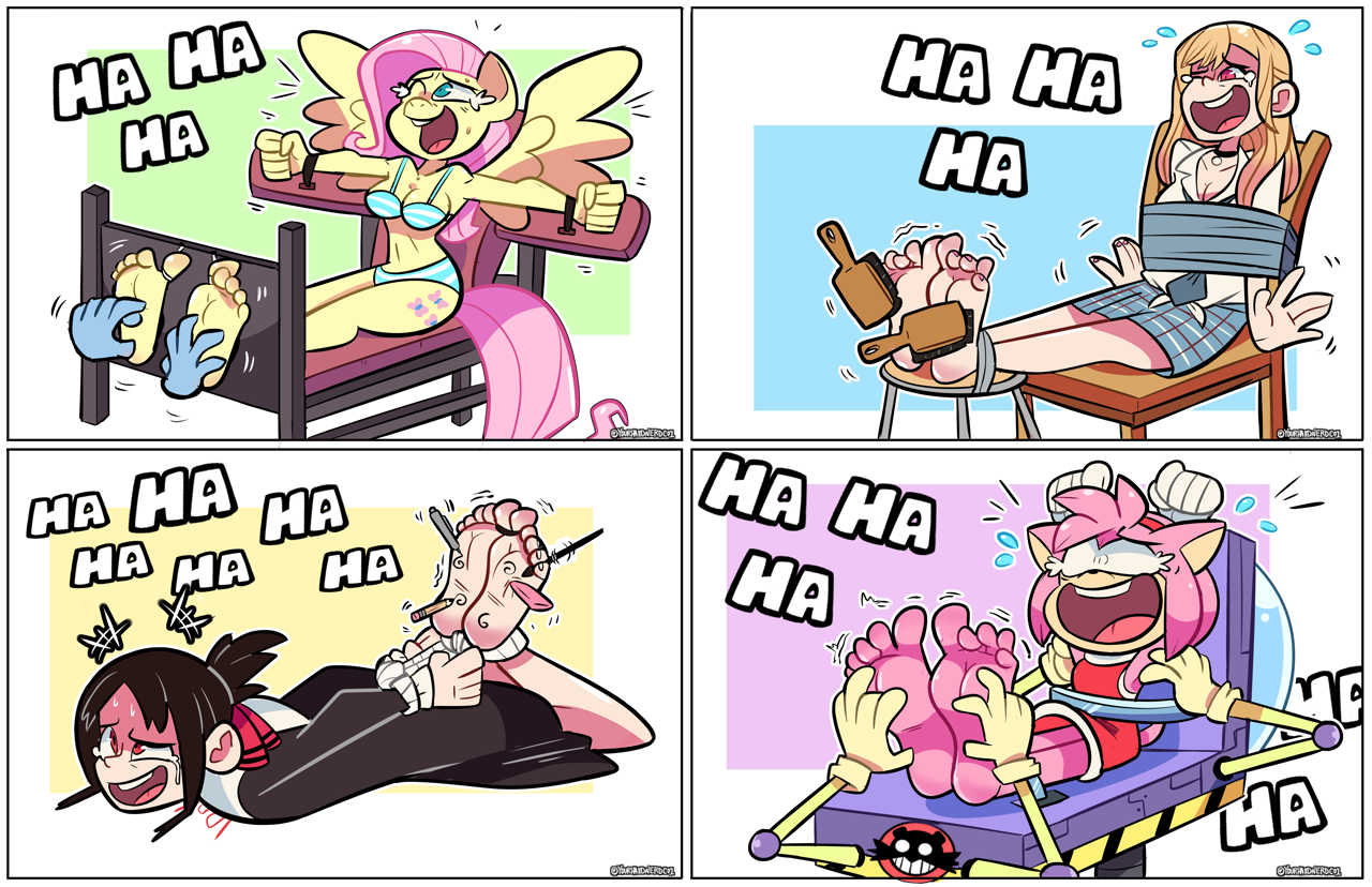 3281247 - suggestive, artist:yourhardnerdcollectr, derpibooru import,  fluttershy, anthro, hedgehog, human, pegasus, plantigrade anthro, amy rose,  barefoot, blue underwear, body writing, bondage, bondage furniture, bra,  breasts, brush, chair, clothes ...