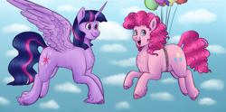 Size: 3201x1583 | Tagged: safe, artist:violetpony11, derpibooru import, pinkie pie, twilight sparkle, twilight sparkle (alicorn), alicorn, earth pony, pony, balloon, chest fluff, cloud, dock, duo, duo female, female, floating, flying, heart, heart eyes, high res, lesbian, looking at someone, looking at you, mare, open mouth, open smile, shipping, sky, smiling, spread wings, tail, then watch her balloons lift her up to the sky, twinkie, unshorn fetlocks, wingding eyes, wings