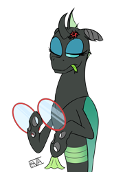 Size: 4000x5500 | Tagged: safe, artist:evan555alpha, oc, oc only, oc:yvette (evan555alpha), changeling, ladybug, evan's daily buggo ii, broach, bust, changeling oc, cleaning, cloth, colored sketch, dorsal fin, fangs, female, forked tongue, glasses, green tongue, holding, lidded eyes, one eye closed, round glasses, signature, simple background, sketch, solo, technicolor tongue, tongue, tongue out, transparent background
