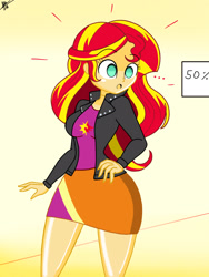 Size: 1536x2048 | Tagged: safe, artist:diegosagiro, derpibooru import, sunset shimmer, equestria girls, arms, breasts, bust, clothes, doll, eyelashes, female, fingers, hand, inanimate tf, jacket, leather jacket, legs, long hair, long sleeves, mannequin, mannequin tf, o mouth, open mouth, sign, skirt, solo, standing, surprised, teenager, top, toy, transformation