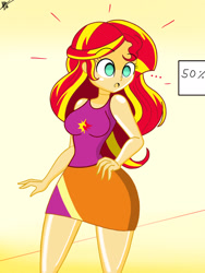 Size: 1536x2048 | Tagged: safe, artist:diegosagiro, derpibooru import, sunset shimmer, equestria girls, inanimate tf, mannequin, mannequin tf, sign, solo, surprised, transformation