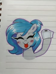 Size: 720x960 | Tagged: safe, artist:darkynez, derpibooru import, oc, oc only, pony, blushing, eyes closed, lined paper, raspberry, solo, toilet paper roll, tongue, tongue out, traditional art