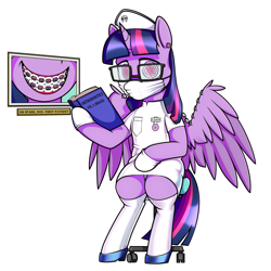 Size: 3900x3900 | Tagged: safe, artist:dacaoo, derpibooru import, twilight sparkle, twilight sparkle (alicorn), alicorn, pony, alternate universe, bipedal, book, braces, brainwashed, brainwashing, chair, clothes, cutie mark eyes, cutie mark on clothes, dentist, dentist fetish, doctor, dress, ear piercing, earring, glasses, gloves, hat, high heels, holding, horn, hypnosis, hypnotized, jewelry, latex, latex clothes, latex dress, latex gloves, latex socks, latex stockings, leaning, mask, name tag, nerd, nurse hat, photo, picture, picture frame, piercing, reading, shoes, simple background, sitting, socks, solo, spread wings, stockings, surgical mask, swirly eyes, text, textbook, thigh highs, tooth, uniform, white background, wing jewelry, wing piercing, wingding eyes, wings