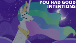 Size: 1920x1080 | Tagged: safe, derpibooru import, edit, edited screencap, editor:quoterific, screencap, princess celestia, alicorn, pony, horse play, crescent moon, crown, ethereal mane, eyes closed, female, jewelry, mare, moon, night, open mouth, peytral, regalia, solo, sparkles, stars