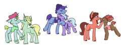 Size: 2000x720 | Tagged: safe, artist:fuckomcfuck, derpibooru import, dear darling, fond feather, swoon song, earth pony, pegasus, pony, unicorn, background dancers, bandaid, blushing, bow, female, glamor trot, hair bow, hat, headband, height difference, male, mare, shipping, simple background, smooth vibes, stallion, stereo mix, transparent background, trio, trio female, trio male