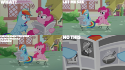 Size: 4400x2475 | Tagged: safe, derpibooru import, edit, edited screencap, editor:quoterific, screencap, a.k. yearling, pinkie pie, rainbow dash, earth pony, pegasus, pony, daring done?, bench, book, bowl, chopsticks, clothes, duo focus, female, food, frown, glasses, grin, hat, lidded eyes, mare, newspaper, noodles, open mouth, question mark, rainbow dash is best facemaker, reading, robe, shocked, shocked expression, smiling