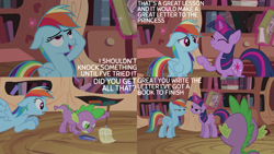 Size: 2000x1125 | Tagged: safe, derpibooru import, edit, edited screencap, screencap, rainbow dash, spike, twilight sparkle, unicorn twilight, dragon, pegasus, pony, unicorn, read it and weep, book, broom, daring do book, dustpan, female, friendship lesson, golden oaks library, implied princess celestia, lidded eyes, magic, male, mare, mid-blink screencap, open mouth, open smile, smiling, sweeping, telekinesis, trio