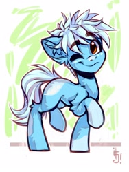 Size: 1200x1600 | Tagged: safe, artist:falafeljake, derpibooru import, oc, earth pony, pony, blue skin, one eye closed, solo