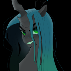 Size: 2048x2048 | Tagged: safe, artist:aztrial, derpibooru import, queen chrysalis, changeling, changeling queen, black background, crown, female, grin, jewelry, regalia, simple background, smiling, solo