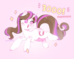 Size: 2048x1639 | Tagged: safe, artist:softpinkpony, derpibooru import, oc, oc only, oc:mystic muse, pony, unicorn, female, freckles, gradient background, mare, multicolored hair, multicolored mane, multicolored tail, pink background, pink eyes, simple background, smiling, solo, stars, tail, text, watermark, white coat