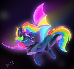 Size: 2048x1927 | Tagged: safe, artist:brdte, derpibooru import, oc, oc only, oc:prism star, bat pony, pony, bat pony oc, colored wings, fangs, flying, glowing, multicolored hair, multicolored wings, open mouth, open smile, rainbow hair, rainbow wings, signature, smiling, solo, spread wings, underhoof, wings