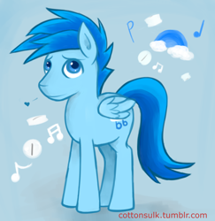 Size: 1280x1318 | Tagged: safe, artist:cottonsulk, derpibooru import, oc, oc only, oc:replacer, pegasus, pony, male, music notes, solo, stallion