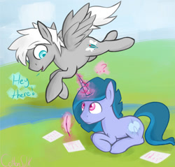 Size: 500x478 | Tagged: safe, artist:cottonsulk, derpibooru import, oc, oc only, oc:beryl, oc:zephyr wing, pegasus, pony, unicorn, duo, magic, male, paper, quill, stallion, telekinesis