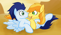 Size: 500x285 | Tagged: safe, artist:cottonsulk, derpibooru import, braeburn, soarin', earth pony, pegasus, pony, blushing, gay, looking at each other, looking at someone, lying down, male, nose to nose, on back, shipping, soarburn