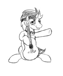 Size: 938x1125 | Tagged: safe, artist:cottonsulk, derpibooru import, oc, oc only, oc:vocal score, pony, guitar, male, monochrome, musical instrument, simple background, solo, stallion, white background