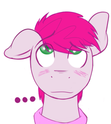 Size: 549x612 | Tagged: safe, artist:cottonsulk, derpibooru import, oc, oc only, oc:raspberry scents, earth pony, pony, blushing, bust, looking up, male, one ear down, simple background, solo, stallion, white background