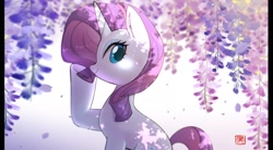 Size: 2000x1100 | Tagged: safe, artist:hosikawa, derpibooru import, rarity, pony, unicorn, female, flower, looking at you, looking back, looking back at you, mare, smiling, smiling at you, solo, underhoof