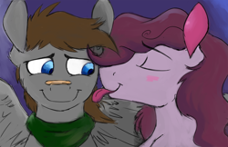 Size: 750x486 | Tagged: safe, artist:cottonsulk, derpibooru import, oc, oc only, oc:cottonsulk, oc:fuselight, pony, blushing, duo, eyes closed, licking, male, stallion, tongue, tongue out