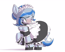 Size: 2953x2362 | Tagged: safe, alternate version, artist:castle bravo, derpibooru import, oc, oc only, oc:yvonne.k waverhoof, earth pony, pony, choker, clothes, cuffs (clothes), dress, eye clipping through hair, female, hoof shoes, maid, maid headdress, simple background, solo, white background